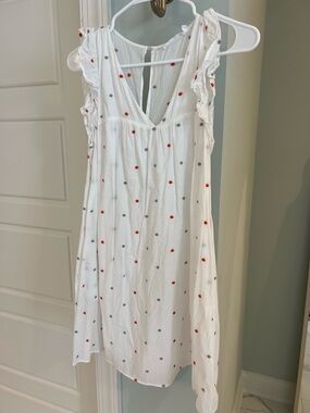 Lush White Dress with Orange, Blue and Gray Polka Dots